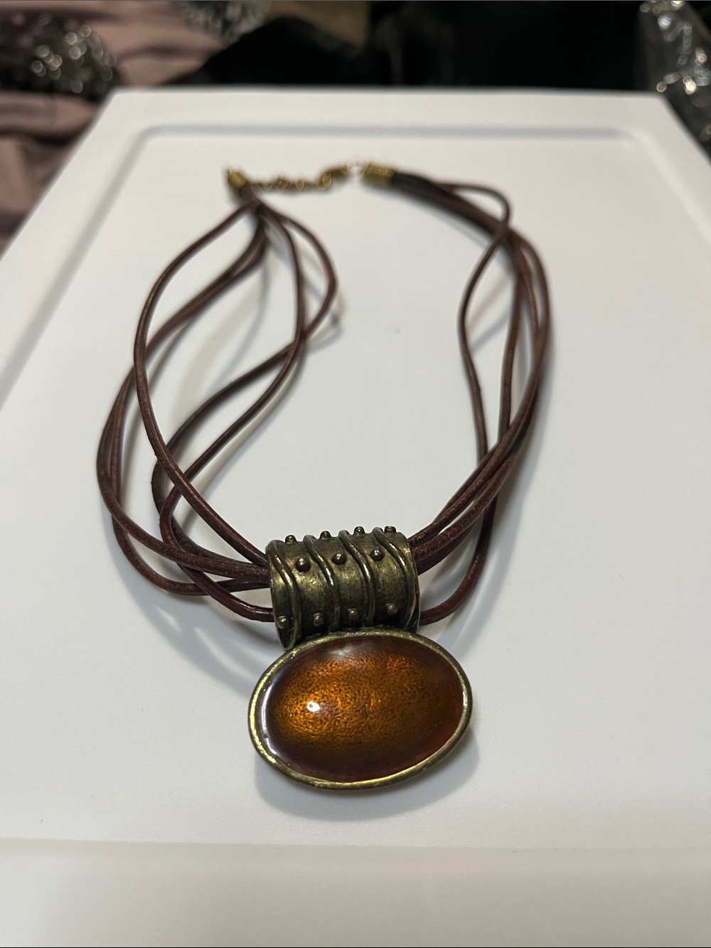 Vintage Brown Multi-Strand Necklace with Amber Oval Pendant